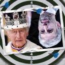 Eine Bildmontage zeigt eine Postkarte auf einer Dartsscheibe. Sie zeigt König Charles und Boris Palmer. Wobei Boris Palmers Kopf falsch herum ist und nach unten zeigt.