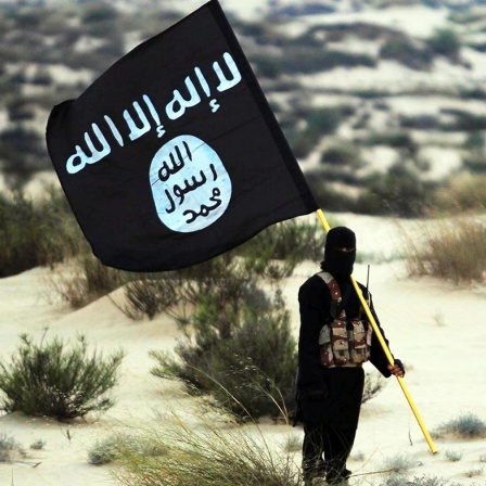 Ein maskierter Kämpfer des Islamischen Staats steht in einer Wüstenlandschaft und schwenkt die schwarze Fahne des IS.