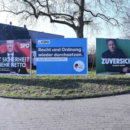 Wahlplakate von SPD, CDU, Grünen und FDP hängen in Botrop nebeneinander.