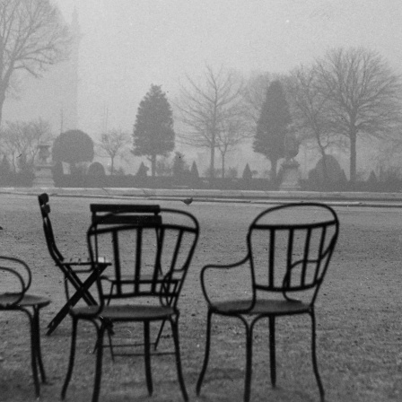 Garten mit Stühlen, schwarz-weiß Foto.