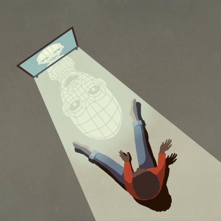 Illustration: Symbolische KI-Figur auf Computerbildschirm wirft Schatten auf einen Jungen, der auf dem Boden davor sitzt.