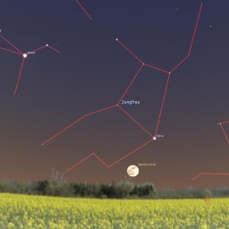 Ein Screenshot aus einer Astronomie-App zeigt den Mond knapp über dem Horizont unter dem Sternbild "Jungfrau"