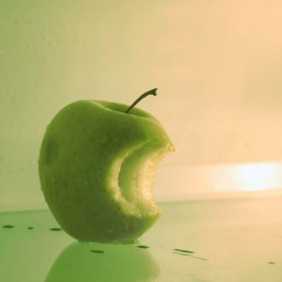 Angebissener grüner Apfel in einem ansonsten leeren Kühlschrank