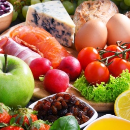 Reich gedeckter Tisch mit Obst, Gemüse, Nüssen, Eiern, Käse, Getreideprodukten: &#034;Die&#034; gesunde Ernährung für alle gibt es nicht. Aber immer noch gilt: Abwechslung und Mäßigung, wenig rotes Fleisch, wenig Fett und Zucker.