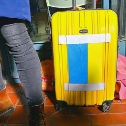 Das Bild zeigt die Beine der Frau und ihren gelben Rollkoffer, der mit einer ukrainischen Fahne beklebt ist, am Hamburger Hbf im März 2022