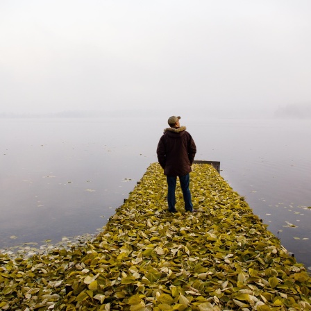 Ein Mann lässt seinen Blick über den See schweifen.