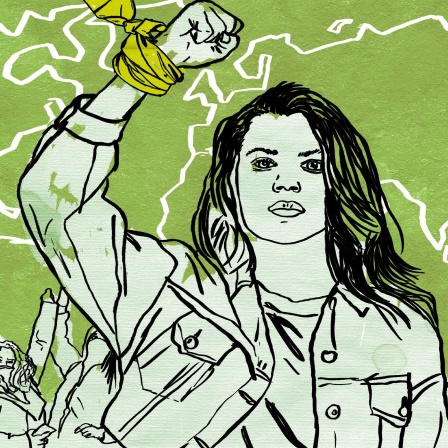 Illustration einer jungen Frau mit geballter Faust und einem grünem Band um ihr Handgelenk gebunden, als Symbol der Frauenproteste in Argentinien 2020