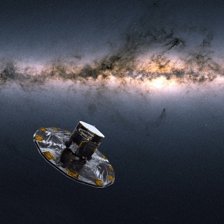 Eine Illustration vom Gaia-Weltraumteleskop der europäischen Raumfahrtbehörde Esa. Im Hintergrund der Weltraum-Collage befindet sich die leuchtende Milchstraße.
