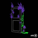 Mystery-Horror-Serie Korridore — Brennende Tür vor der ein Pilz wächst