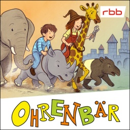 Bunte Zeichnung: Kinder reiten auf Nashorn und Giraffe, Elefant und Tapir laufen mit, im Hintergrund eine Burg (Quelle: rbb/OHRENBÄR/Julian Meyer)