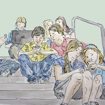 Zeichnung zu Folge 2: Schulkinder sitzen alleine oder zu zweit auf einer Treppe und schauen auf Handys oder Laptops.