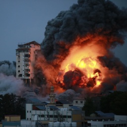 Rauch und Flammen steigen auf, nachdem israelische Streitkräfte ein Hochhaus in Gaza-Stadt angegriffen haben. Die islamistische Hamas hat einen großangelegten Überraschungsangriff auf Israel gestartet.