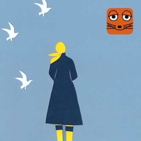 Illustration: Eine Frau mit Regenmantel schaut in den Himmel, in dem Möwen fliegen.