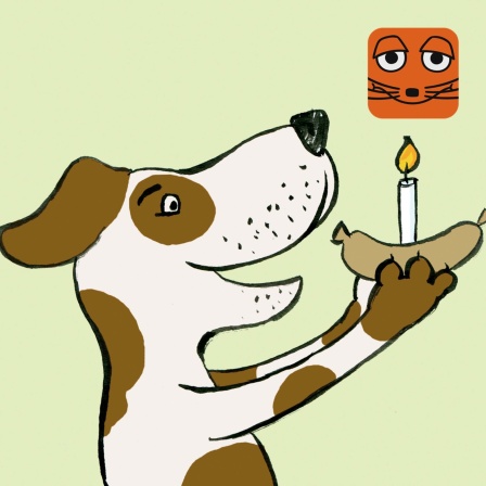 Illustration: Ein Hund hält eine Wurst mit Kerze in der Hand.