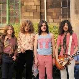 Led Zeppelin Bath Festival - 1969 - vier Musiker stehen vor einem Haus
