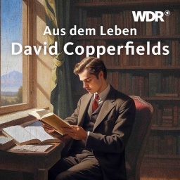 Illustration: David Copperfield lesend in einem Arbeitszimmer von vielen Büchern umgeben.