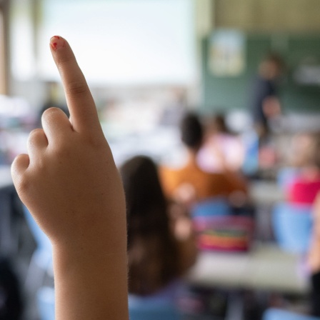 Ein Schüler in einer Grundschulklasse zeigt auf