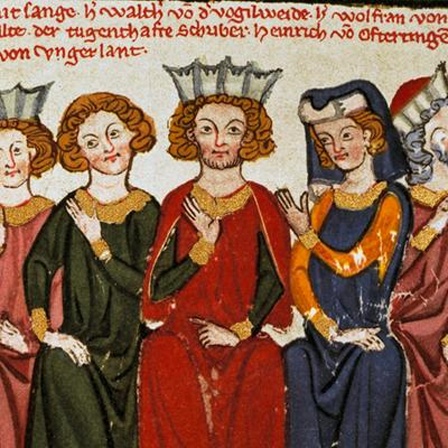 Sängerkrieg auf der Wartburg; Ausschnitt: Die sieben Sänger; Aus: Grosse Heidelberger Liederhandschrift (Codex Manesse). Heidelberg