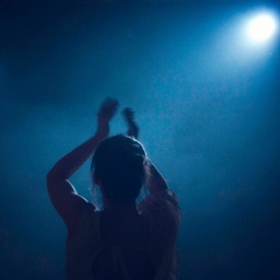 In blaues Licht getaucht steht eine Frau auf der Tanzfäche und klatscht in die Hände.