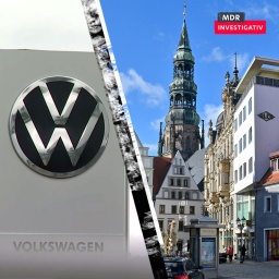 Bildcollage aus einer Stadtansicht und einem VW Logo