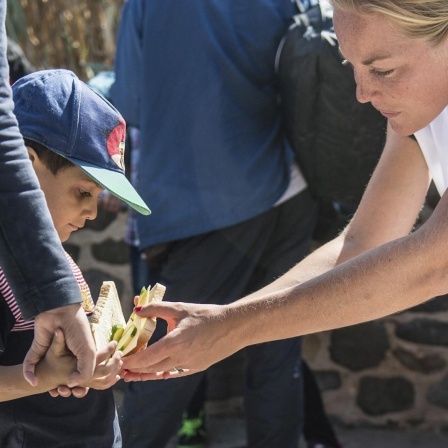 Eine Helferin auf Lesbos reicht einem geflüchteten Jungen Essen.