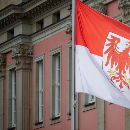 Die Landesflagge mit dem roten Brandenburger Adler weht im Hof des Brandenburger Landtages.