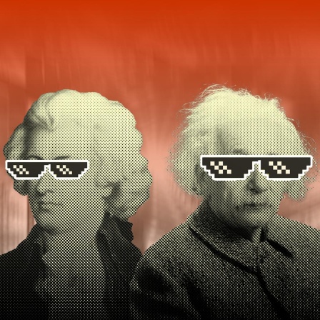 Collage der Portraits von Einstein und Mozart, die beide eine Memebrille tragen.