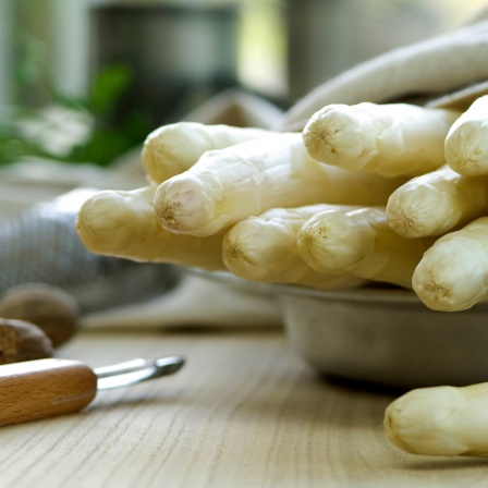 Weißer Spargel in ein Tuch gewickelt in einer Schüssel neben Sparschäler und einer geschälte Stange mit Schale daneben