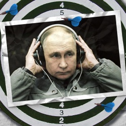 Eine Fotomontage zeigt Wladimir Putin, der altmodische Kopfhörer trägt. Die Hände liegen links uns rechts auf den Kopfhörermuscheln.