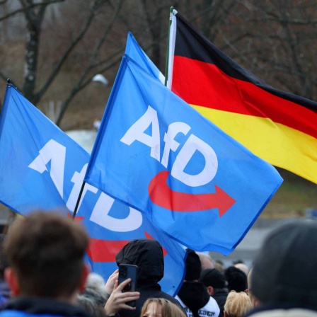 Deutschland- und AfD-Fahnen werden von Teilnehmern einer Kundgebung der Partei in Erfurt geschwenkt. 