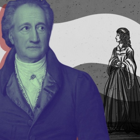 Das Bild oben zeigt links Johann Wolfgang von Goethe und rechts daneben eine Illustration von Charlotte von Stein, die Geliebte Goethes.