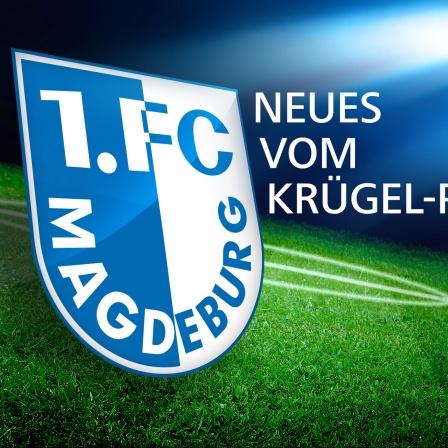 Das Logo des 1. FC Magdeburg, daneben steht der Schriftzug Neues vom Krügel-Platz, Grafik für den Podcast von MDR SACHSEN-ANHALT 