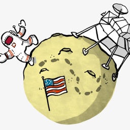 Karikaturhafte Zeichnung zeigt die erste Landung auf dem Mond 