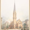 Ein Aquarell von Bernhard Kühn aus dem Jahr 1894 zeigt die Berliner Immanuelkirche und ihren von Bäumem umstandenen Vorplatz.