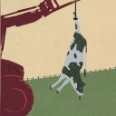 Zeichnung: Eine tote Kuh hängt am Traktor