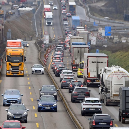 Dichter Verkehr auf einer mehrspurigen Autobahn mit vielen Autos und Lastwagen, Baustellenschildern und verengten Fahrstreifen verursacht langen Stau in beide Richtungen.