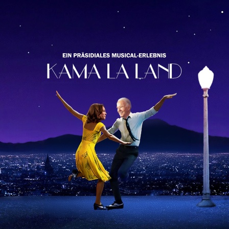 Satirische Bildmontage: Abgeändertes Plakat des Musical-Films "La La Land" auf dem Kamela Harris und US-Präsident Joe Biden auf der Straße tanzen