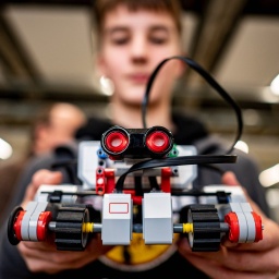 Ein Teilnehmer hält seinen selbst konstruierten Roboter in die Kamera, das Gerät ist etwa so groß wie ein Paar Schuhe