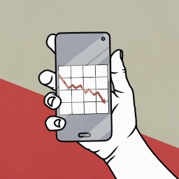 Illustration: Eine Hand hält Smartphone mit abwärtsgerichteter Grafik auf dem Bildschirm.