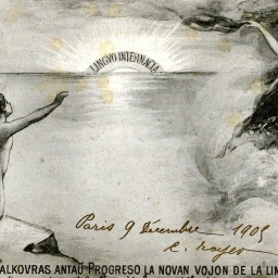 Eine Werbe-Postkarte für die Plansprache Esperanto aus dem Jahr 1905.