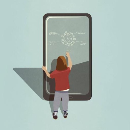 Eine Illustration zeigt ein Mädchen vor ein überdimensionalen Smartphone-Bildschirm auf dem das Coronavirus dargestellt ist.