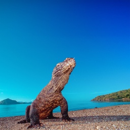 Ein Komodowaran, eine Echse mit hell- bis dunkelbrauner, schuppiger Haut, steht auf einem Steinstrand vor blauem Himmel und einer Insellandschaft im Hintergrund.