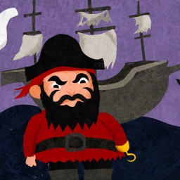 Bild mit Piraten und einem Schiff mit zerrissenen Segeln vor dunklem Hintergrund
