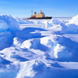 Russischer Eisbrecher Kapitan Khlebnikov geparkt im gefrorenen Meer am Drescher Inlet Iceport, Queen Maud Land, Weddellmeer, Antarktis