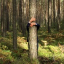 Ein Mann umarmt einen Baum von hinten. Man sieht nur seine Arme. Er steht im Wald und ist umringt von anderen Bäumen