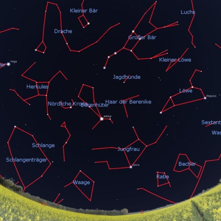 Ein bearbeitete 360-Grad-Aufnahme zeigt den Himmel nachts im Mai, zur Verdeutlichung sind die Sternzeichen eingezeichnet und beschriftet. 