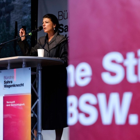 Sahra Wagenknecht bei einer Wahlkampfveranstaltung vom Bündnis Sahra Wagenknecht zur Europawahl (28.05.2024). 