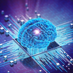 Eine computergenerierte 3D-Grafik eines Gehirns, das an Schaltkreise in einem Computer angebunden ist. Die Grafik ist dunkel in Blau- und Lilatönen gehalten.