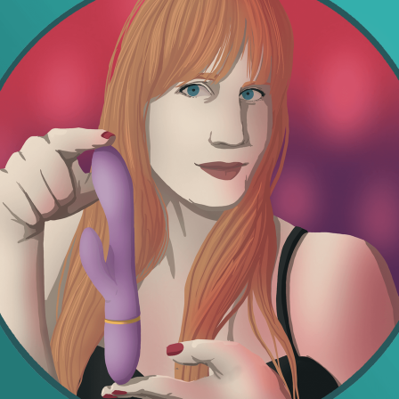 Die Illustration zeigt eine junge Frau, die einen Dildo zwischen ihren Händen hält.