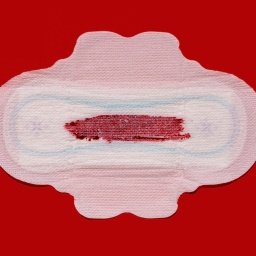 Eine Damenbinde mit Blut liegt zentral im Bild auf einem roten Untergrund.